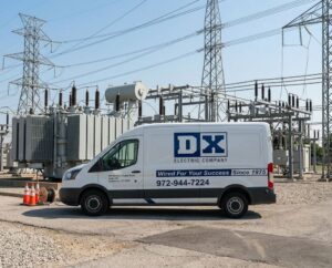 Firefly_Gemini Flash_Place this delivery van at an electrical utility substation- high-voltage transformer 772194