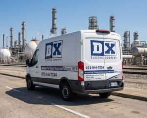Firefly_Gemini Flash_Place this delivery van at an oil and gas facility- a petrochemical refinery with dis 772194